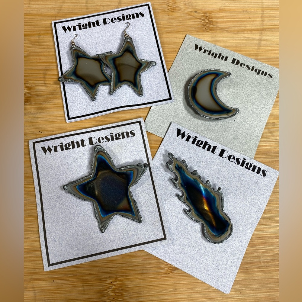 NWT 4 metal art chrome steel Celestial brooches & Star earrings moon comet stars